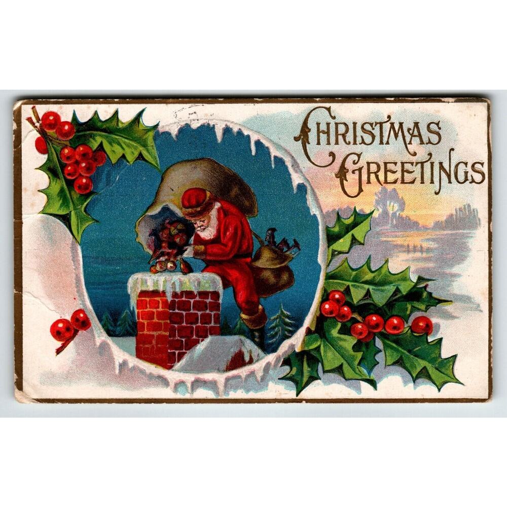 Christmas Postcard Santa Claus On Home Roof Chimney Toy Sack 1909 Santway 101
